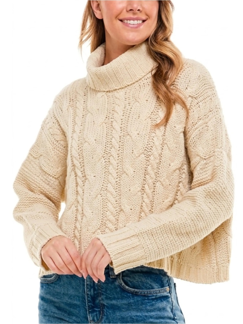 Love Tree Cable Knit Cowl Neck Sweater - Cream